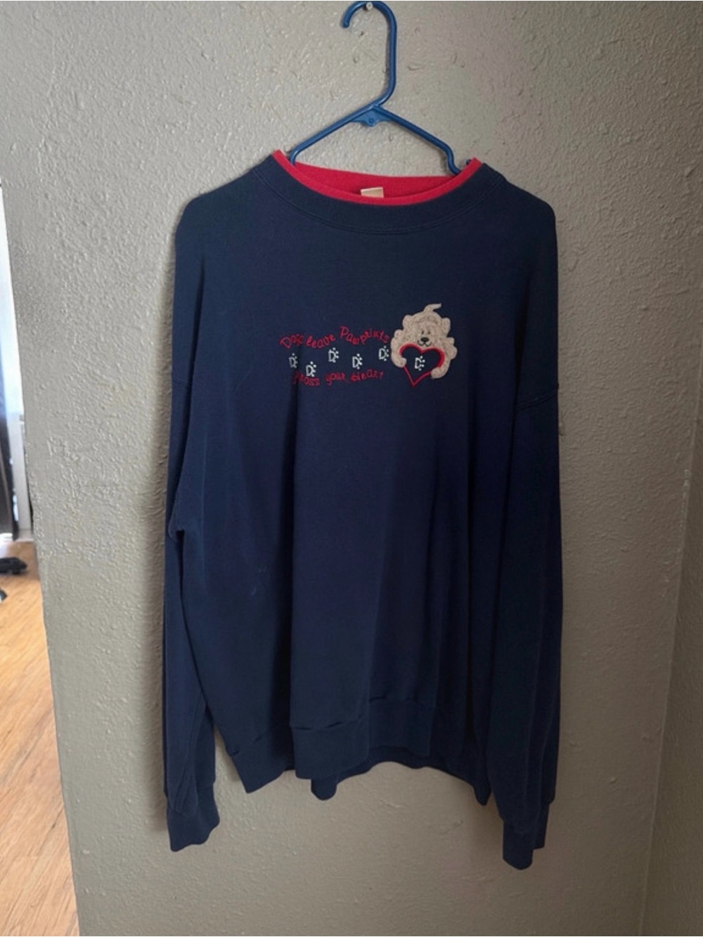 Women’s Navy Crewneck Sweater with Red Trim and Heart Patch